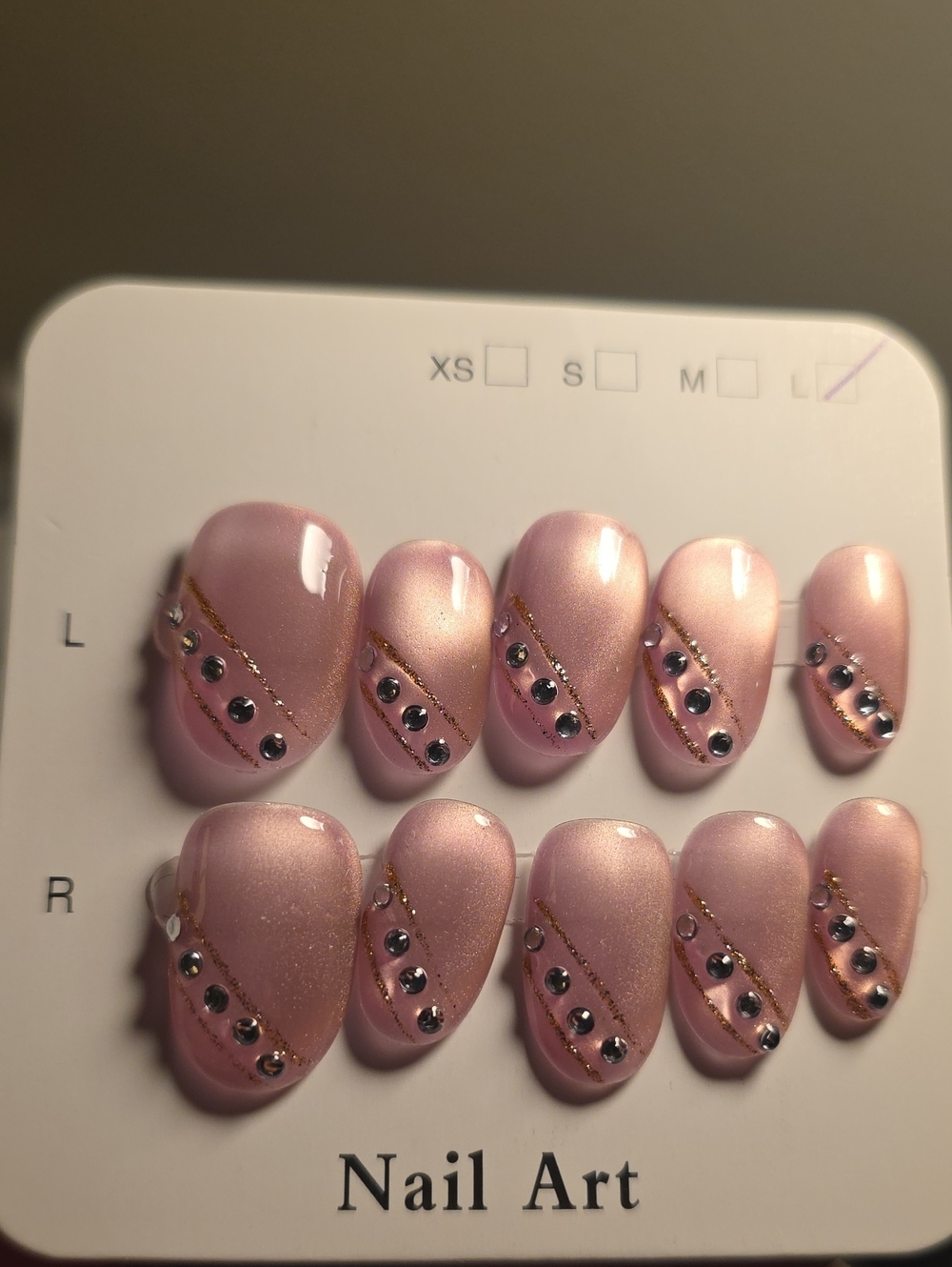 Press-On Nail Set - Pink Pearl with Rhinestones Size Large